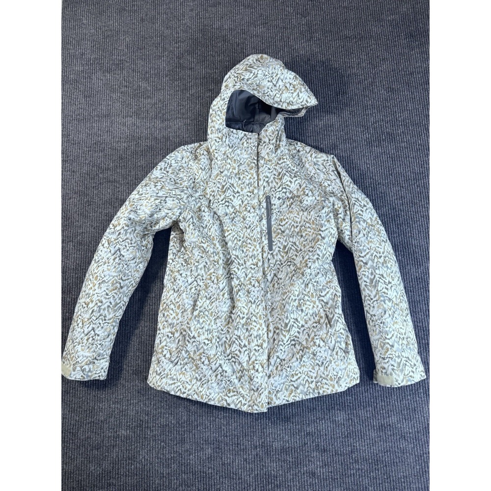 Columbia Interchange Hooded Ski Jacket White Gray Beige L Geometric Pattern